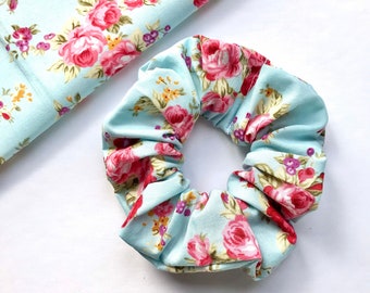 Blue Pink Floral Scrunchie Hair Tie Hair Accessories Fashion Pretty Floral Hair Tie Kids Adults Gift Stretchy Fabric Hair School Scrunchie