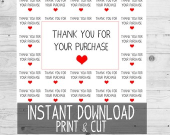 May include: Printable sheet of 20 thank you for your purchase stickers with a red heart design. The sheet also includes the text "Instant Download Print & Cut".
