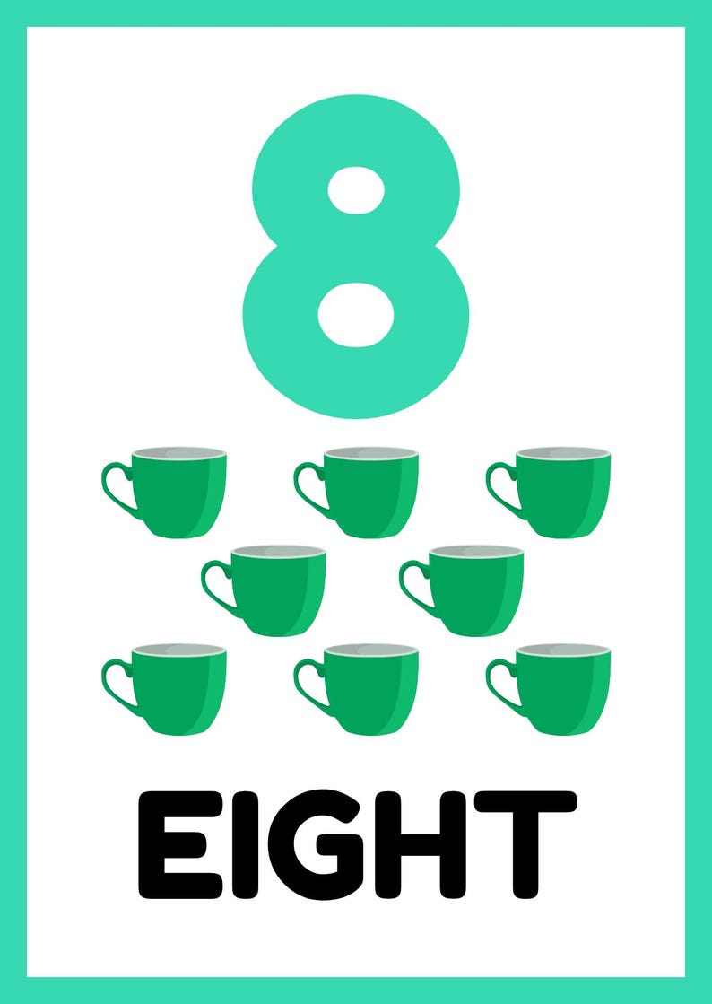 May include: A green number eight with eight green cups underneath. The word "EIGHT" is written in black below the cups.