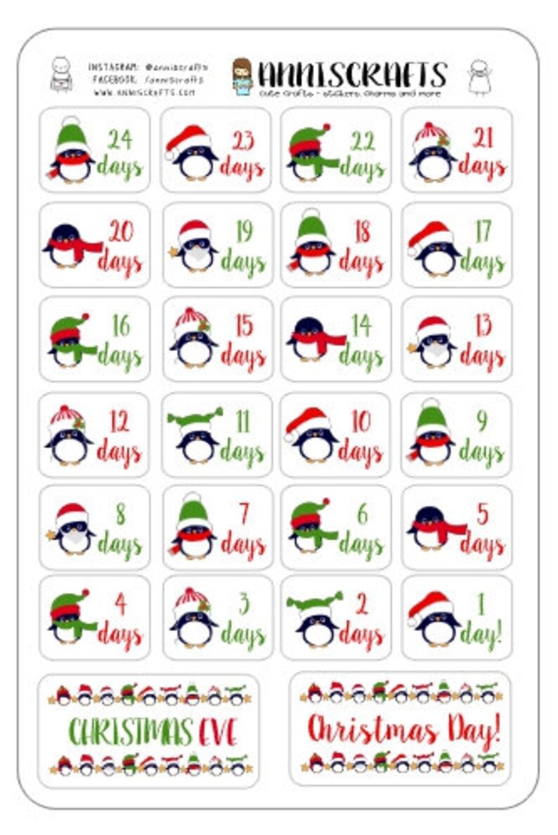 Planner//Diary//Scrapbooking Stickers Hand Drawn Christmas Coundown GlossyPaper