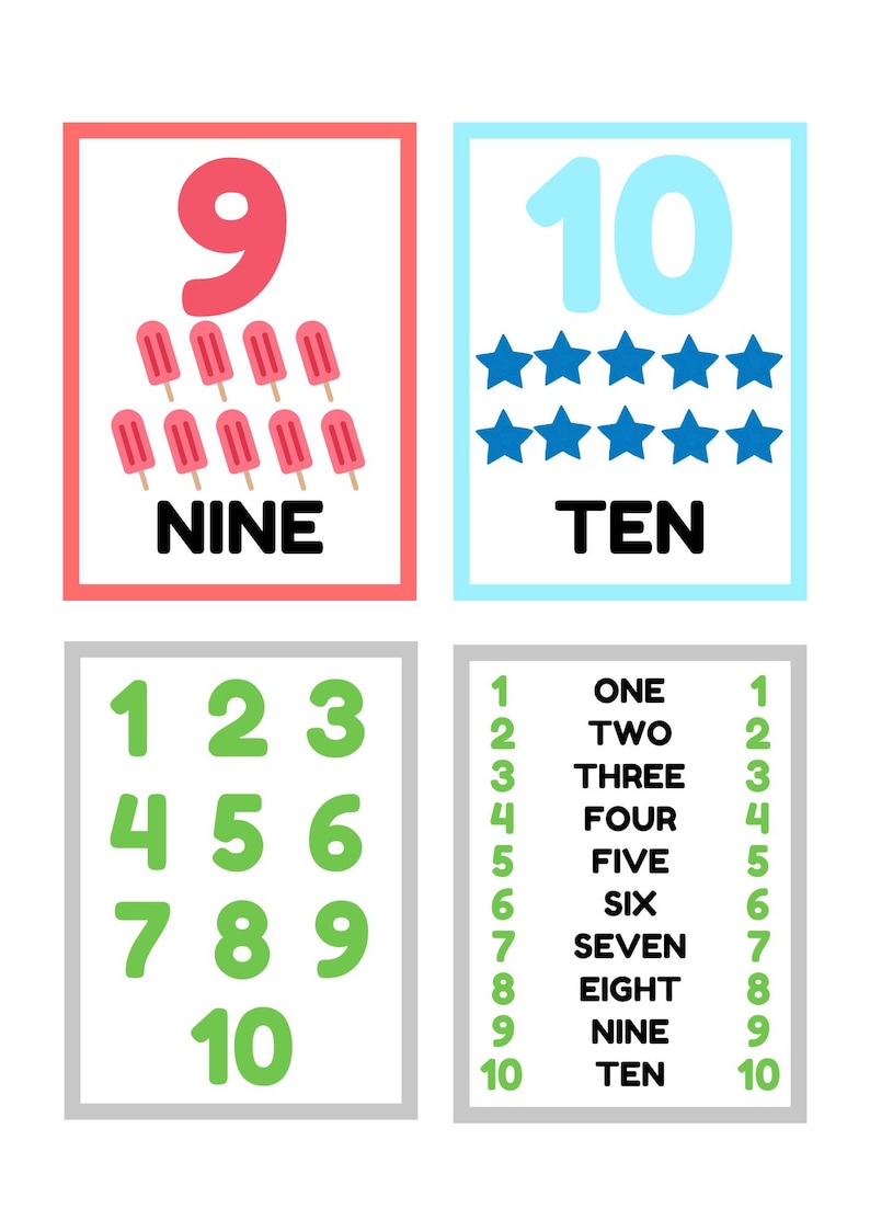 May include: A colorful educational chart for learning numbers 1 through 10. The chart features a visual representation of each number using popsicles, stars, and number blocks. The words 'one' through 'ten' are also listed.