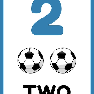 May include: A blue number two with the word "TWO" written below. There are two black and white soccer balls.