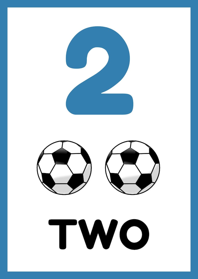May include: A blue number two with the word "TWO" written below. There are two black and white soccer balls.