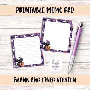 May include: Printable Halloween memo pads with blank and lined versions. The purple-bordered pads feature a black cat in a witch hat holding a pumpkin. The pads are surrounded by ghosts and jack-o'-lanterns. A purple pen is next to the pads. The text on the image says "Printable Memo Pad" and "Blank and Lined Version."