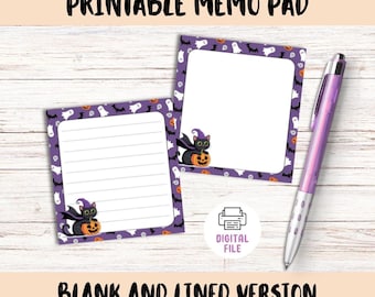 May include: Printable Halloween memo pads with blank and lined versions. The purple-bordered pads feature a black cat in a witch hat holding a pumpkin. The pads are surrounded by ghosts and jack-o'-lanterns. A purple pen is next to the pads. The text on the image says "Printable Memo Pad" and "Blank and Lined Version."