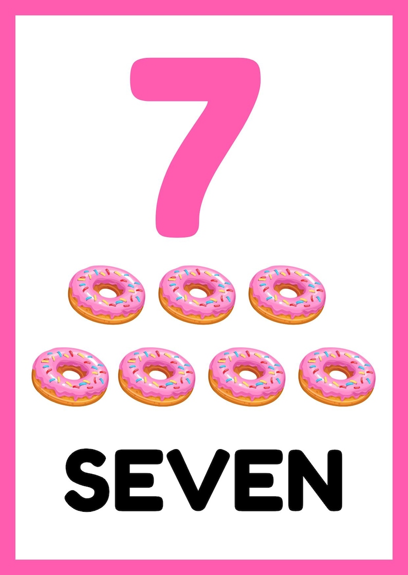 May include: A pink number seven with seven pink donuts with colorful sprinkles. The word "SEVEN" is written below the donuts.