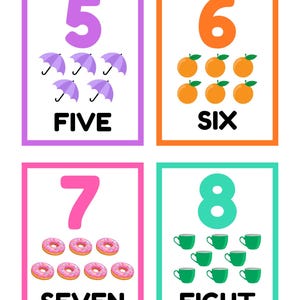 May include: Four colorful flashcards with numbers 5, 6, 7, and 8. Each card has a different color and features a number, the word for the number, and a corresponding number of images. The card for 5 has purple umbrellas, the card for 6 has orange oranges, the card for 7 has pink donuts, and the card for 8 has green teacups.