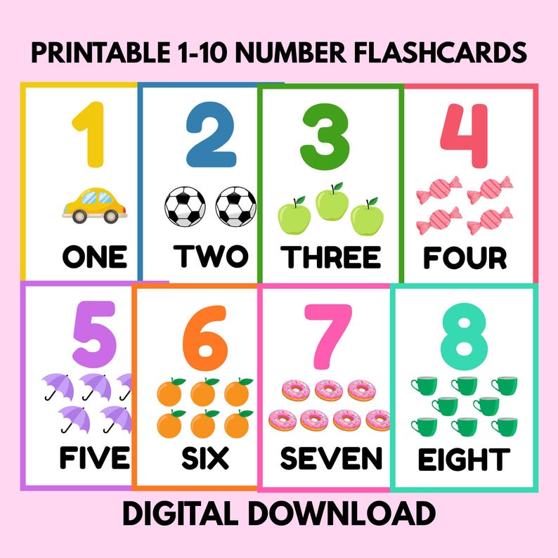 May include: Printable 1-10 number flashcards with colorful illustrations. Each card features a number, the word for the number, and a corresponding number of objects.  The objects include a car, soccer balls, apples, candy, umbrellas, oranges, donuts, and teacups.