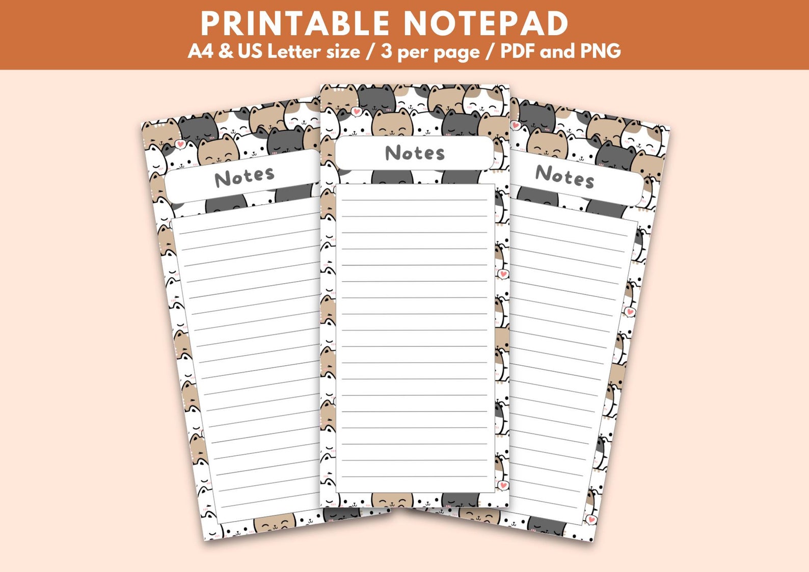 Printable Cat Notepad Cat Stationery Cats Theme Printable Notepad Note ...
