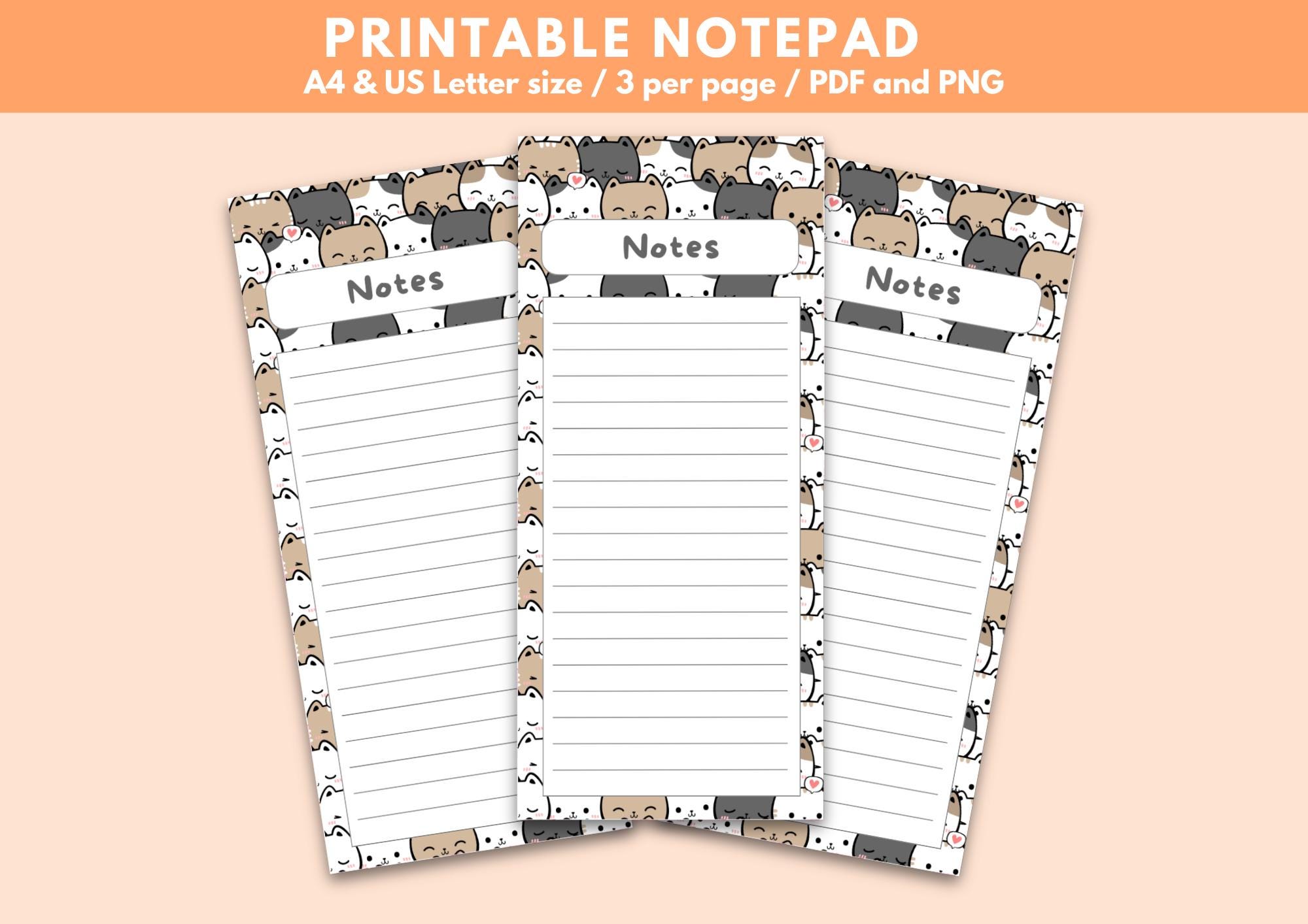 Cat Work Note Printable Cat Notepad Cat Stationery Cats Theme Printable Notepad Note ...