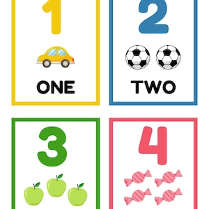 May include: Four colorful flashcards with numbers 1 through 4, each with a corresponding image and word. The number 1 has a yellow car, 2 has two soccer balls, 3 has three green apples, and 4 has four pink candies.