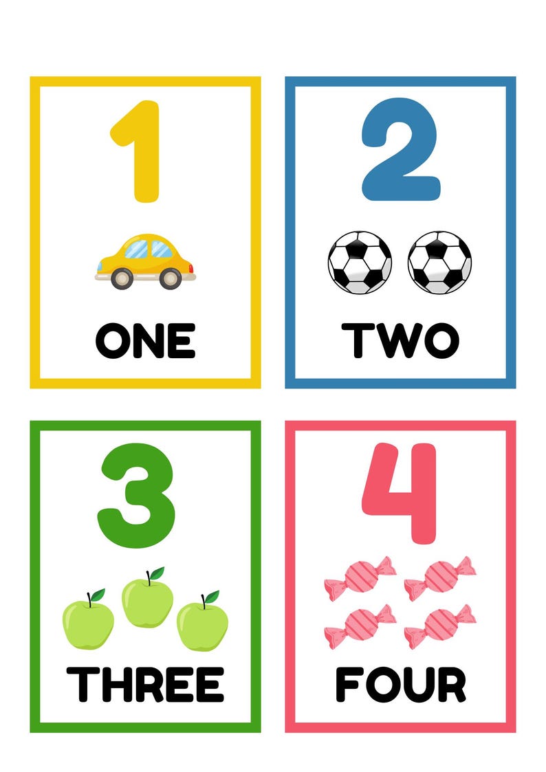 May include: Four colorful flashcards with numbers 1 through 4, each with a corresponding image and word. The number 1 has a yellow car, 2 has two soccer balls, 3 has three green apples, and 4 has four pink candies.