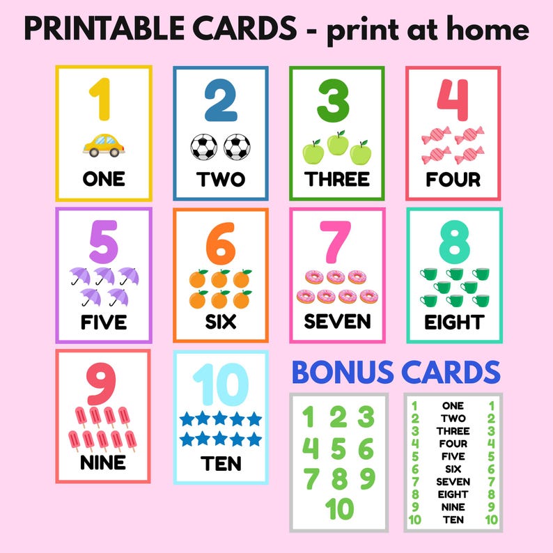 May include: Printable number cards for kids featuring colorful illustrations of objects representing each number. The cards include numbers 1 through 10, with a bonus card showing the numbers 1 through 10 in a vertical list.