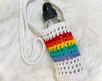 Crochet Rainbow Bottle Holder Cotton Reusable Drink Holder For Walking Gym Beach Day Easy Carry Water Bottle Bag Holder