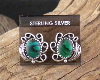 Earrings Deep Green Paua Shell Sterling Silver Post and Clasp Handmade
