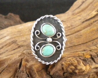 Size 9.75  2-Stone Turquoise Ring Signed Piece Handmade
