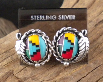 Beautiful Inlay stone Sterling Silver Earrings Handmade Signed Pieces