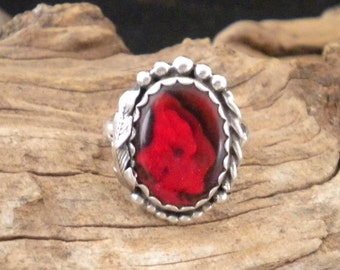 Size 8.5 Red Paua Shell Ring Handcrafted Signed Piece