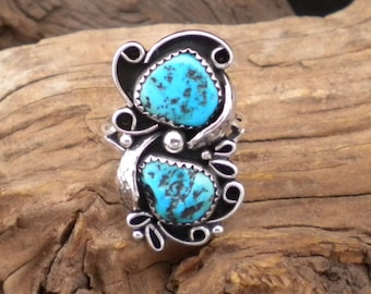 Size 11 Ring Beautiful Blue 2 Stone NuggetTurquoise Sterling Silver Signed Piece Handmade