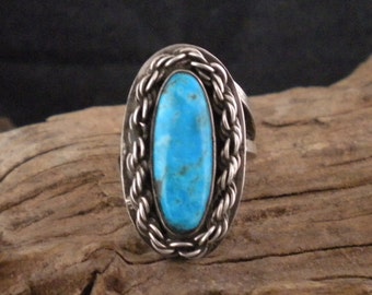 Size 7 Sterling Silver Chain Turquoise Ring Unique Ring Signed Piece Handmade