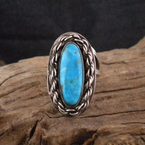 Size 7 Sterling Silver Chain Turquoise Ring Unique Ring Signed Piece Handmade
