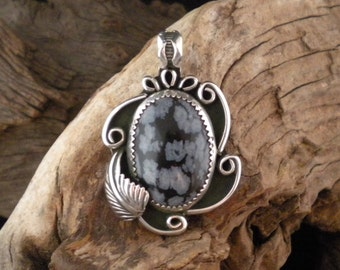 Gorgeous Sterling Silver & Snowflake Obsidian Large Pendant Handmade HandcraftedSWEsigns