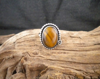 Size 7.25 Ring Beautiful Tiger Eye & Sterling Silver Signed Piece Handmade