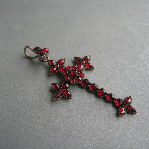 RESERVED Antique Bohemian garnet and silver large cross pendant.
