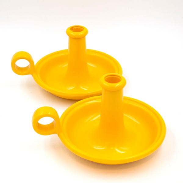 Vintage 1970s Danish modern mid century melamine candle holders - psychedelic funky yellow home decor