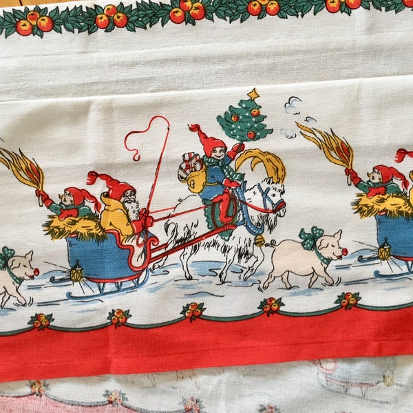 Vintage 60s Swedish Christmas curtain table runner Scandinavian fabric tomtes gnomes santas santa claus