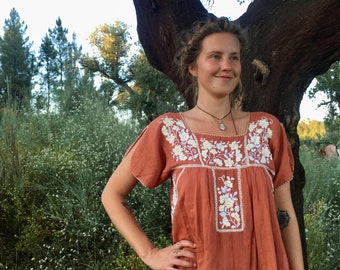 Mexican boho Cotton dress in fawn brown