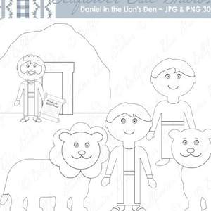 Daniel in the Lion&#39;s Den Digital Clipart (black & white line art version)