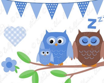 Blue Baby Owls Digital Clipart