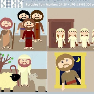 Puede incluir: Cuatro ilustraciones que representan parábolas de Mateo 24-25. La primera muestra a tres hombres con piedras en sus manos, la segunda muestra a tres mujeres con lámparas de aceite, la tercera muestra a un pastor con una oveja y una cabra, y la cuarta muestra a un hombre mirando por una ventana.