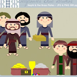 Puede incluir: Ilustración de un grupo de personas, algunas con túnicas marrones y otras con túnicas azules, sosteniendo un cofre dorado y una llave. Las personas están de pie frente a un fondo marrón con una copa dorada y una pila de monedas de oro.