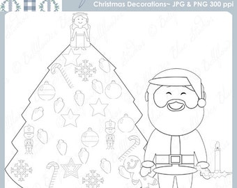 Christmas Decorations Digital Clipart (black & white line art version)