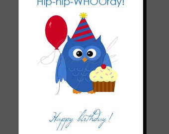 Blue Birthday Owl Poster Printable (INSTANT DOWNLOAD)