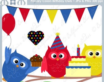 Birthday Owls Digital Clipart (Primary Colors)