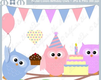 Birthday Owls Digital Clipart (Pastel Colors)
