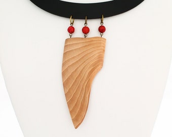 Wooden necklace, asymmetrical necklace, light wood necklace, red coral choker, organic jewelry, wood stone necklace, tree charm, statement