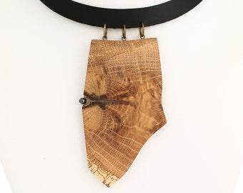 Wooden pendant necklace, long statement necklace, unique art necklace, oak, wood art, leather necklace, mystical necklace , edgy necklace
