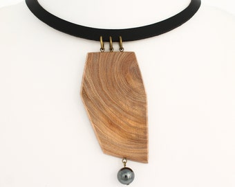 Hematite leather necklace, geometric wooden necklace, wood statement necklace, abstract necklace,  choker necklace,  art necklace, organic