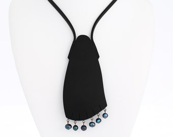OOAK wooden necklace, long wood statement necklace, black freshwater pearl necklace, ebony necklace, black necklace with pearl, exotic wood