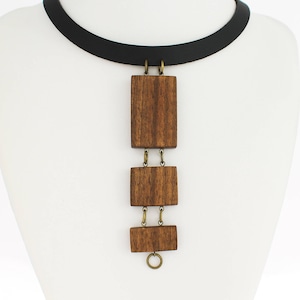 Geometric wood necklace, urban necklace, statement wooden necklace, long pendant necklace, cascade pendant necklace, leather choker, walnut