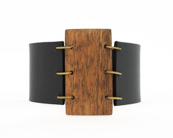 Statement cuff bracelet, wooden bracelet, natural leather cuff bracelet, men's bracelet, unisex cuff bracelet, adjustable wood cuff bracelet
