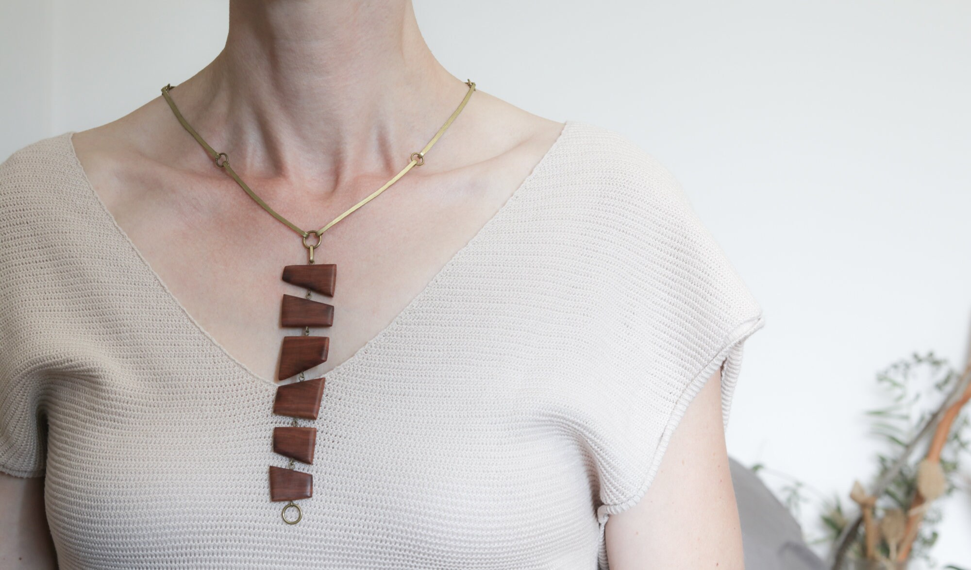 Brass Metal Necklace, Elegant Wooden Collar, Metal Choker, Wooden Pendant Necklace, Orange