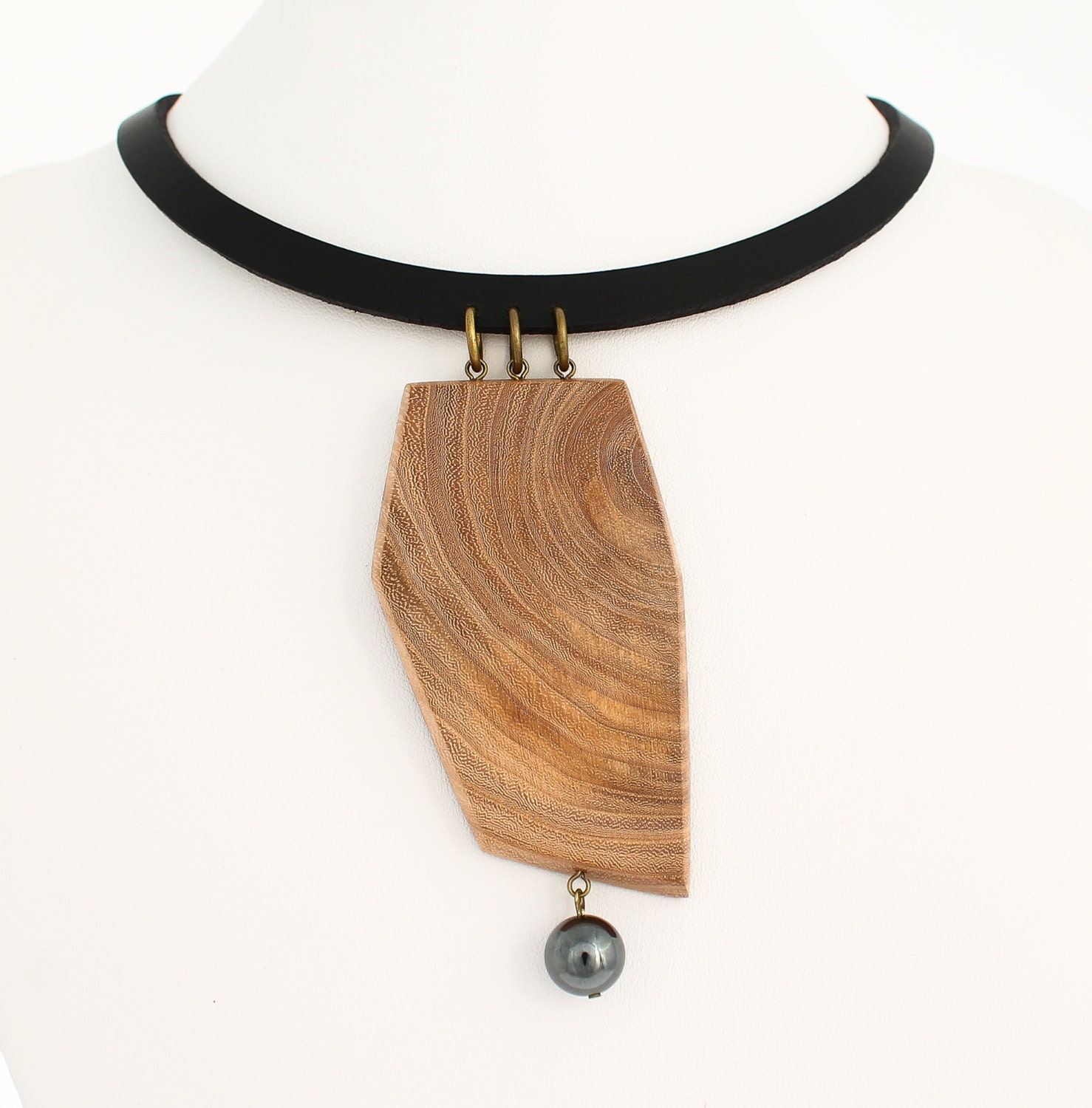 Hematite leather necklace, geometric wooden necklace, wood statement necklace, abstract necklace,  choker necklace,  art necklace, organic