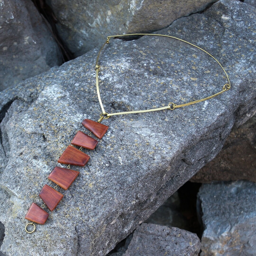 Brass Metal Necklace, Elegant Wooden Collar, Metal Choker, Wooden