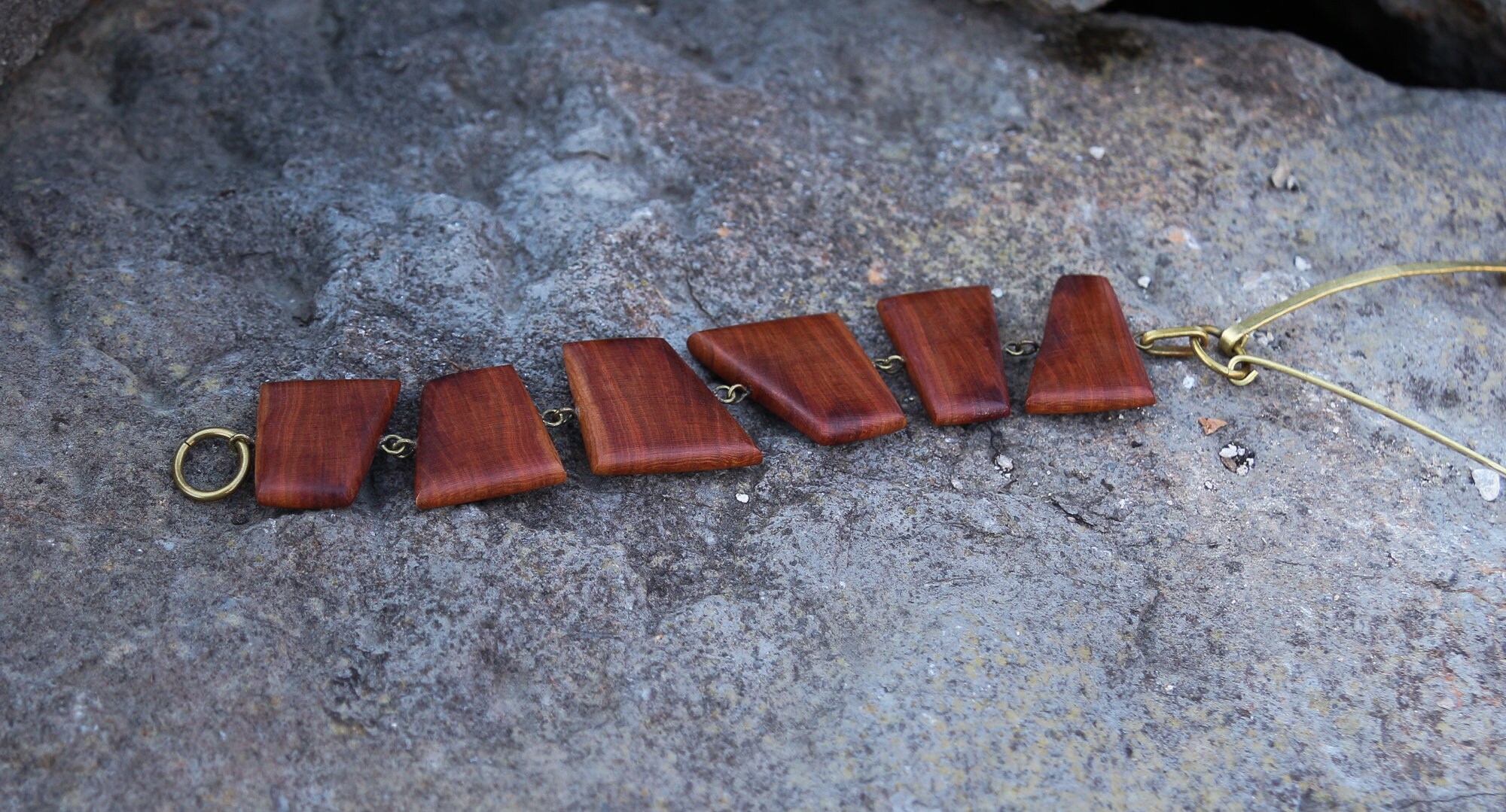 Brass Metal Necklace, Elegant Wooden Collar, Metal Choker, Wooden Pendant Necklace, Orange