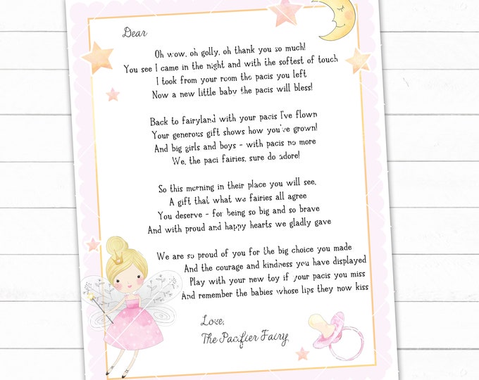 Paci Fairy Letter Binky Fairy Letter Dummy Fairy Letter - Etsy
